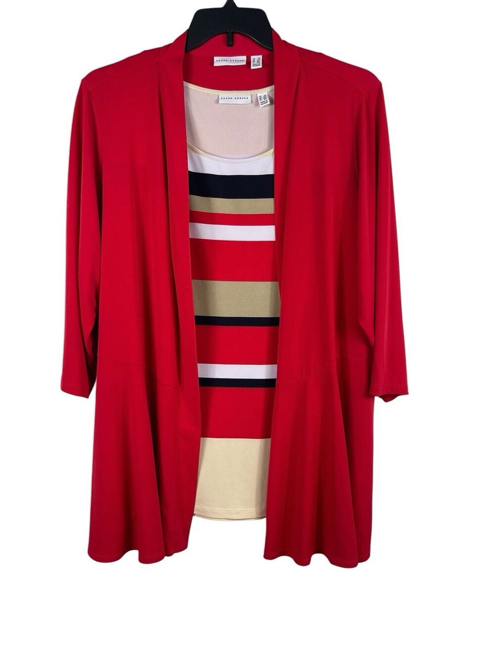 Susan Graver 2X Red Tan Striped Cardigan Tank Set Two Piece Liquid Knit Office